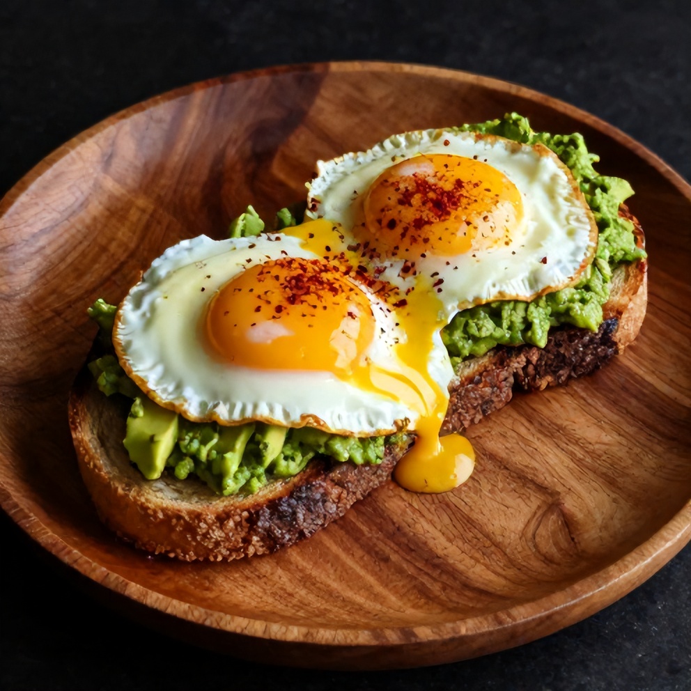 Pesto eggs on avocado toast with a sprinkle of red pepper flakes