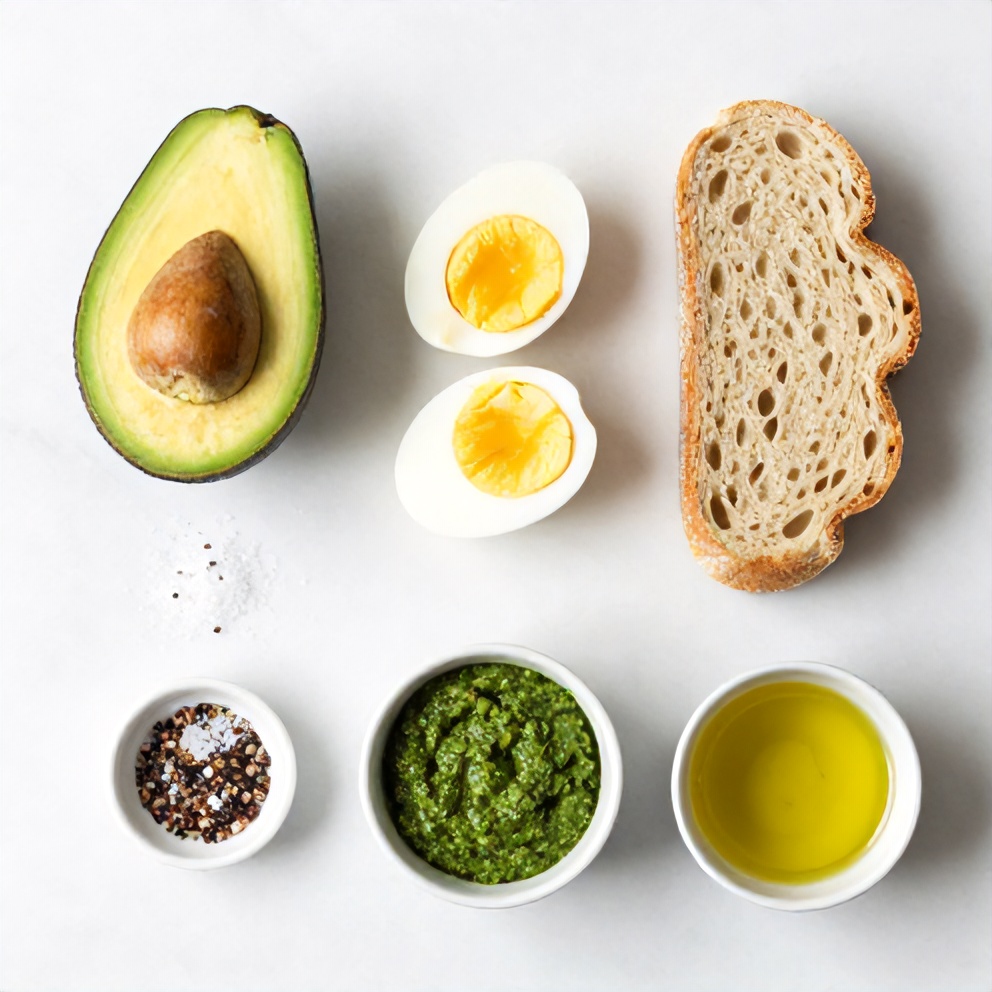 Avocado, eggs, pesto, bread, salt, pepper, and olive oil on a marble surface