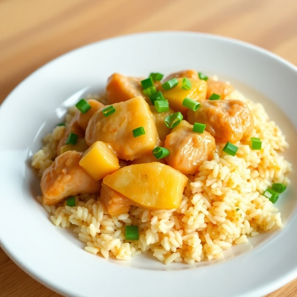 Pineapple Chicken and Rice plated, garnished with green onions