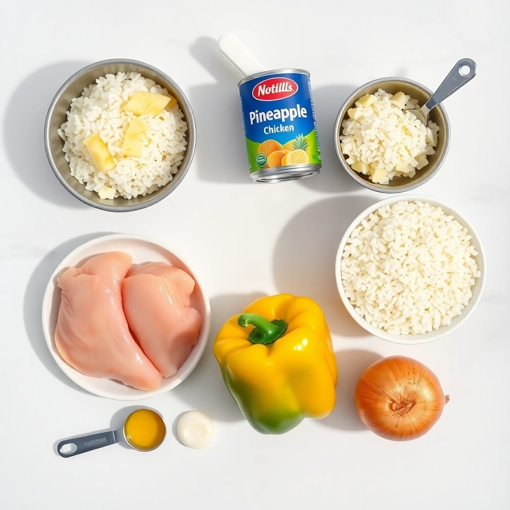 Raw ingredients for Pineapple Chicken and Rice: chicken, rice, pineapple, bell peppers, onions