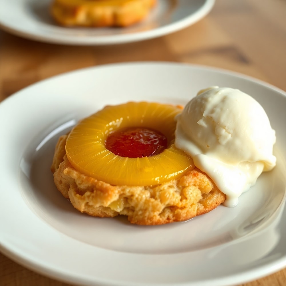 Pineapple Upside Down Sugar Cookies plated with a scoop of vanilla ice cream