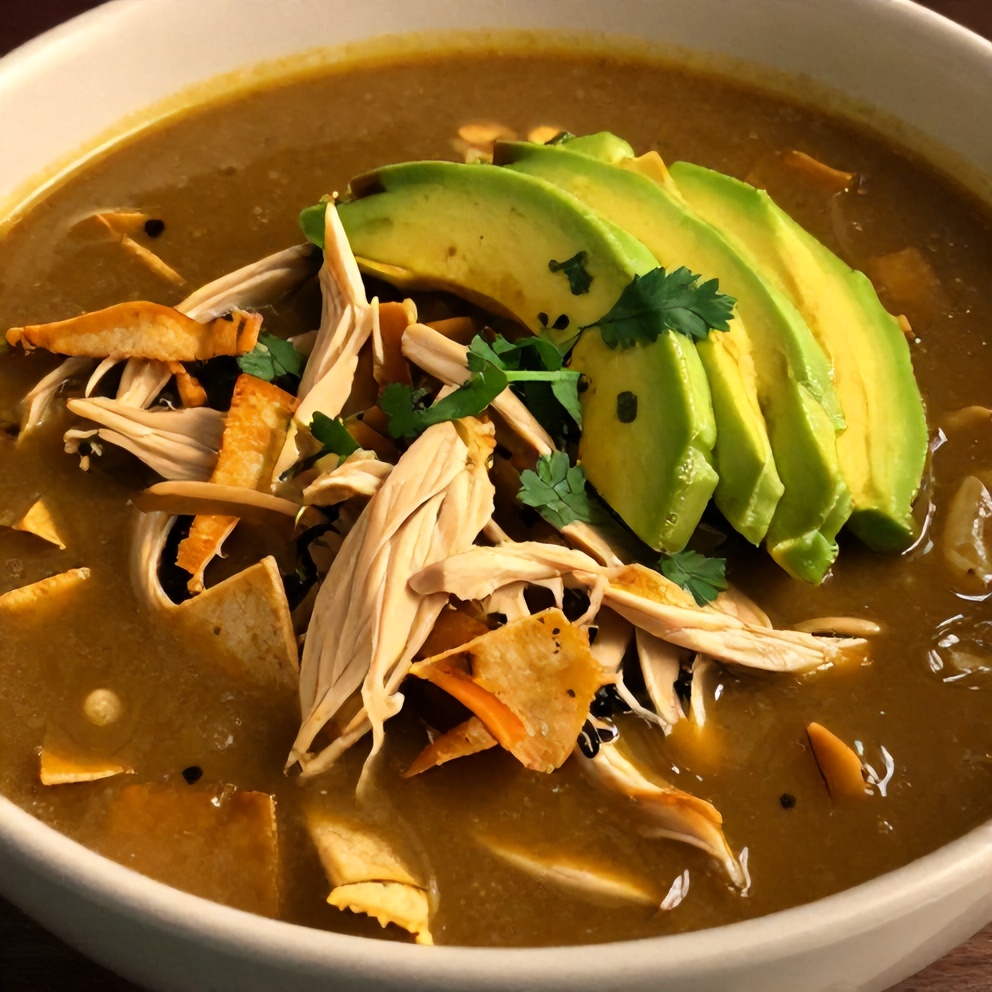 Bowl of Poblano Chicken Tortilla Soup with Avocado and Cilantro