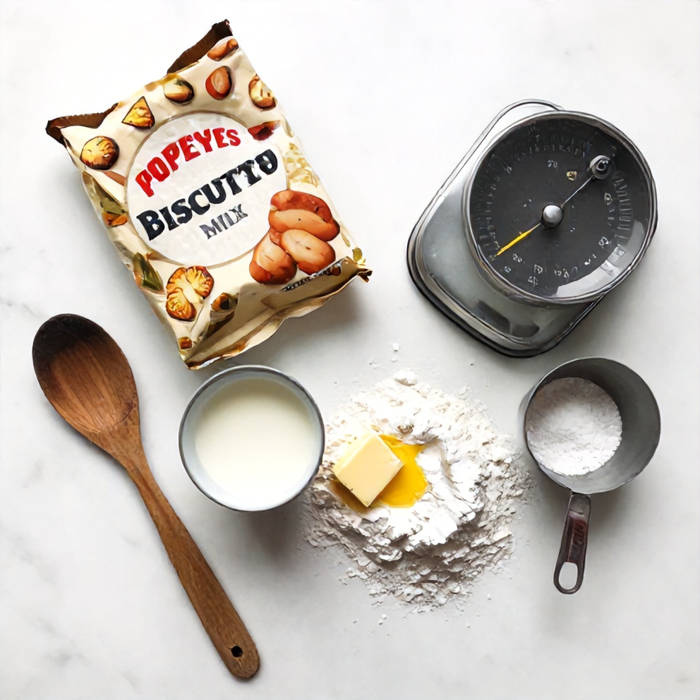 Popeyes Biscuit Mix, butter, milk, flour, and salt arranged on a white marble surface