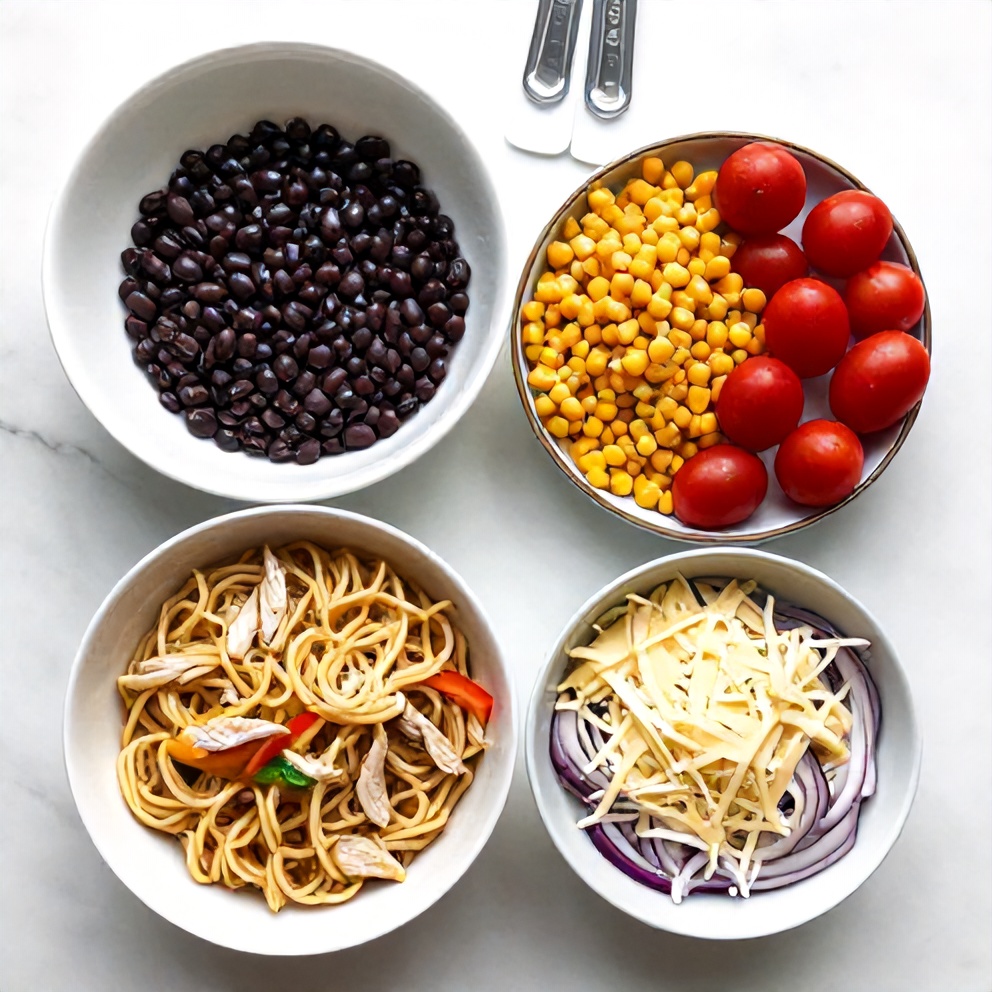 Raw ingredients for protein-packed pasta salad