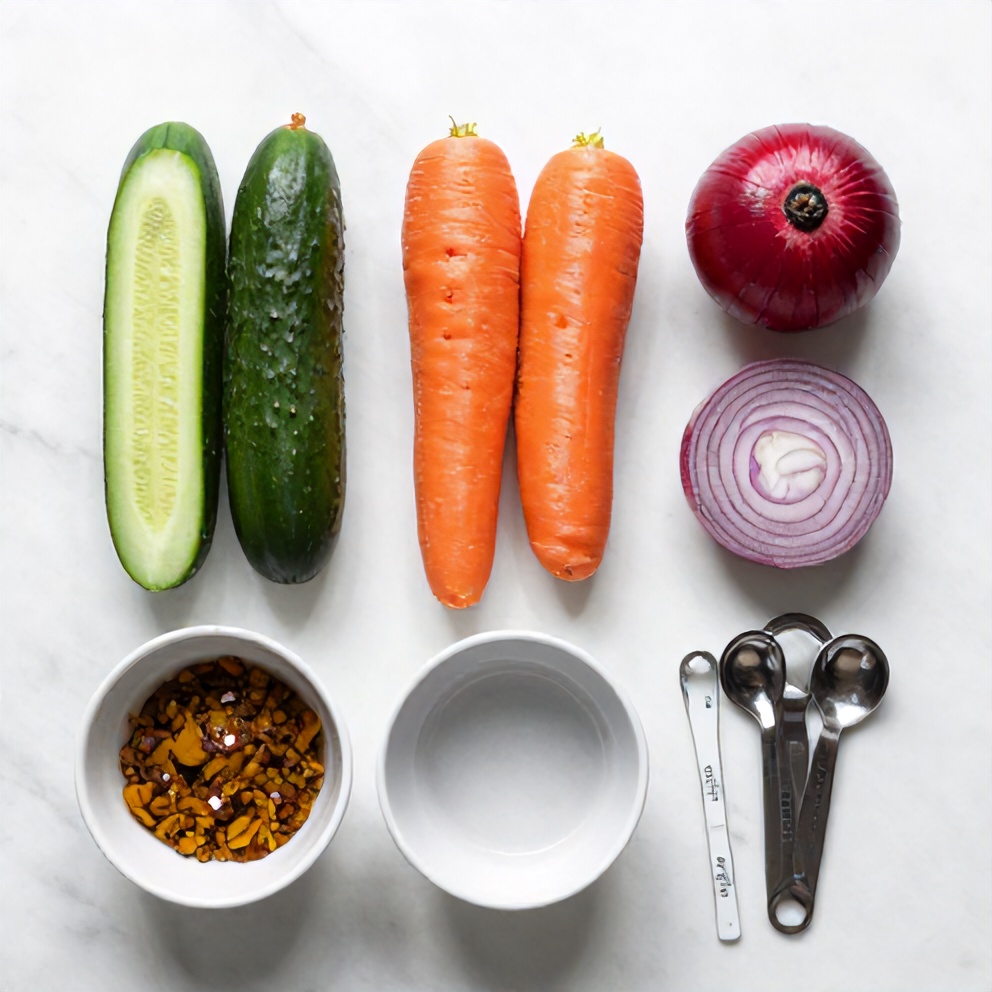 Rainbow Pickles ingredients on a white marble surface
