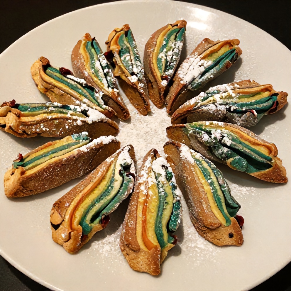 Plated rainbow biscotti with a sprinkle of powdered sugar on a white plate