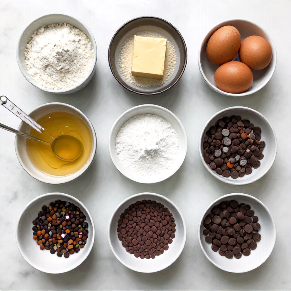 Raw ingredients for rainbow biscotti including flour, sugar, eggs, and colorful chocolate chips