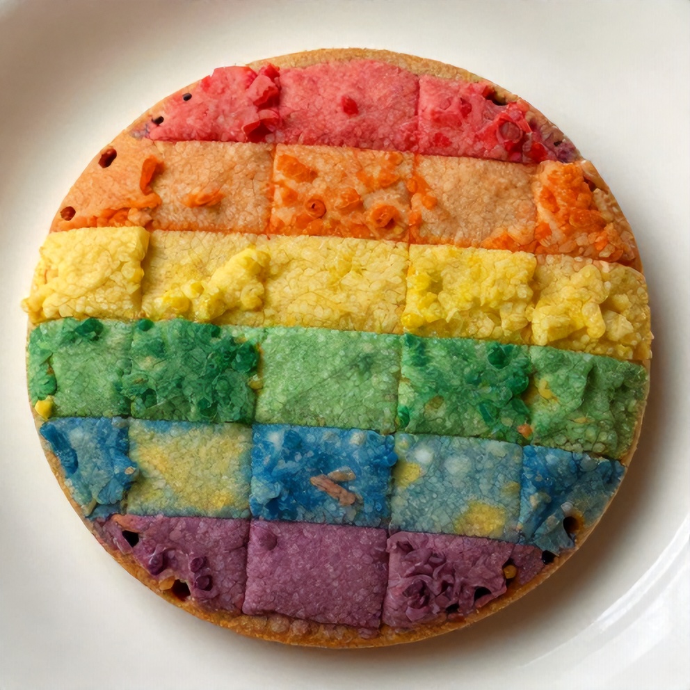One perfect rainbow checkerboard cookie on a white plate