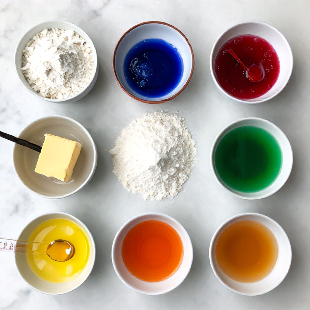 Raw ingredients for rainbow checkerboard cookies arranged in a flat lay