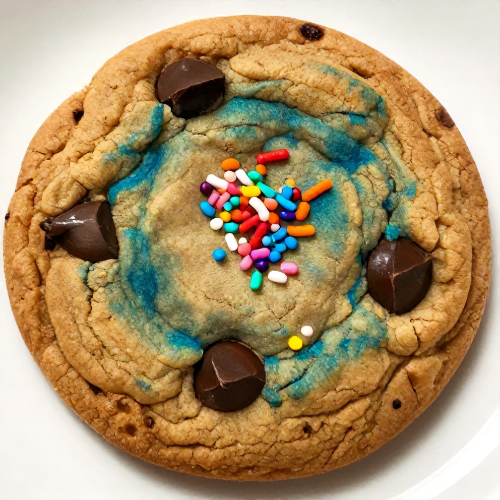 A single rainbow chocolate chip cookie on a white plate