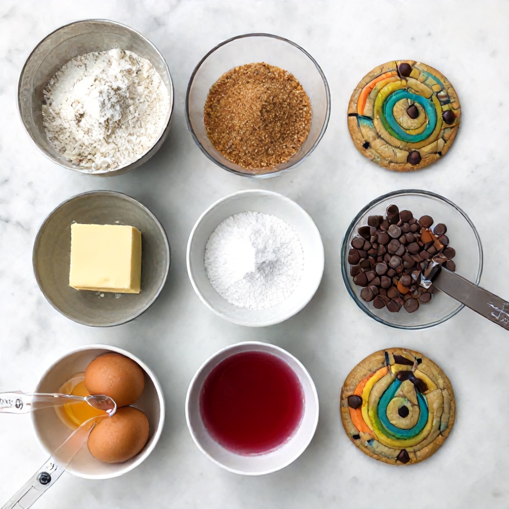 Raw ingredients for rainbow chocolate chip cookies on a marble counter
