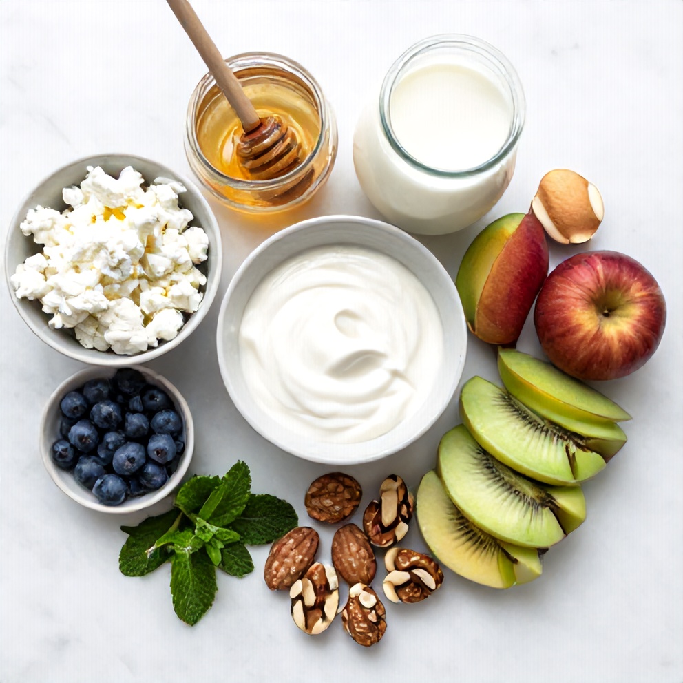 Rainbow Cottage Cheese Bowls ingredients laid out
