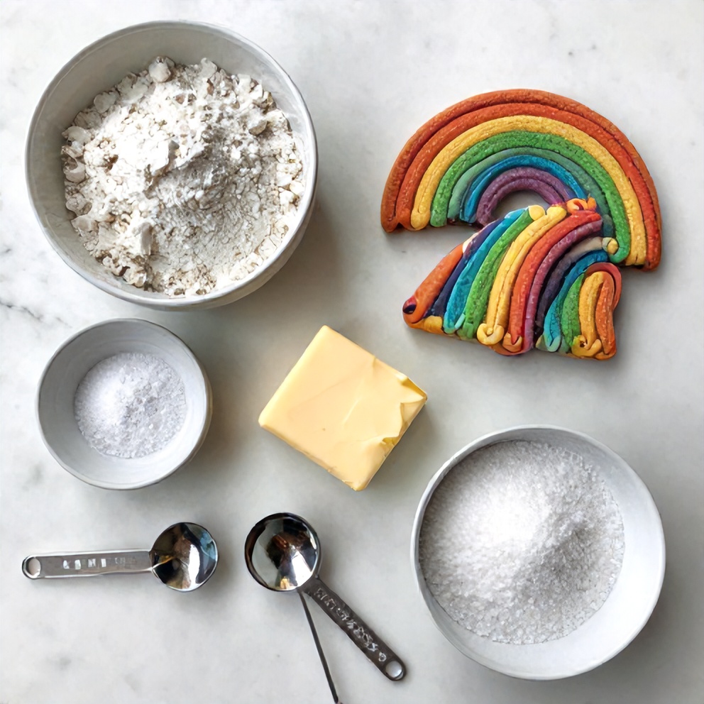 Raw ingredients for Rainbow Donkey Piñata Cookies on a marble surface