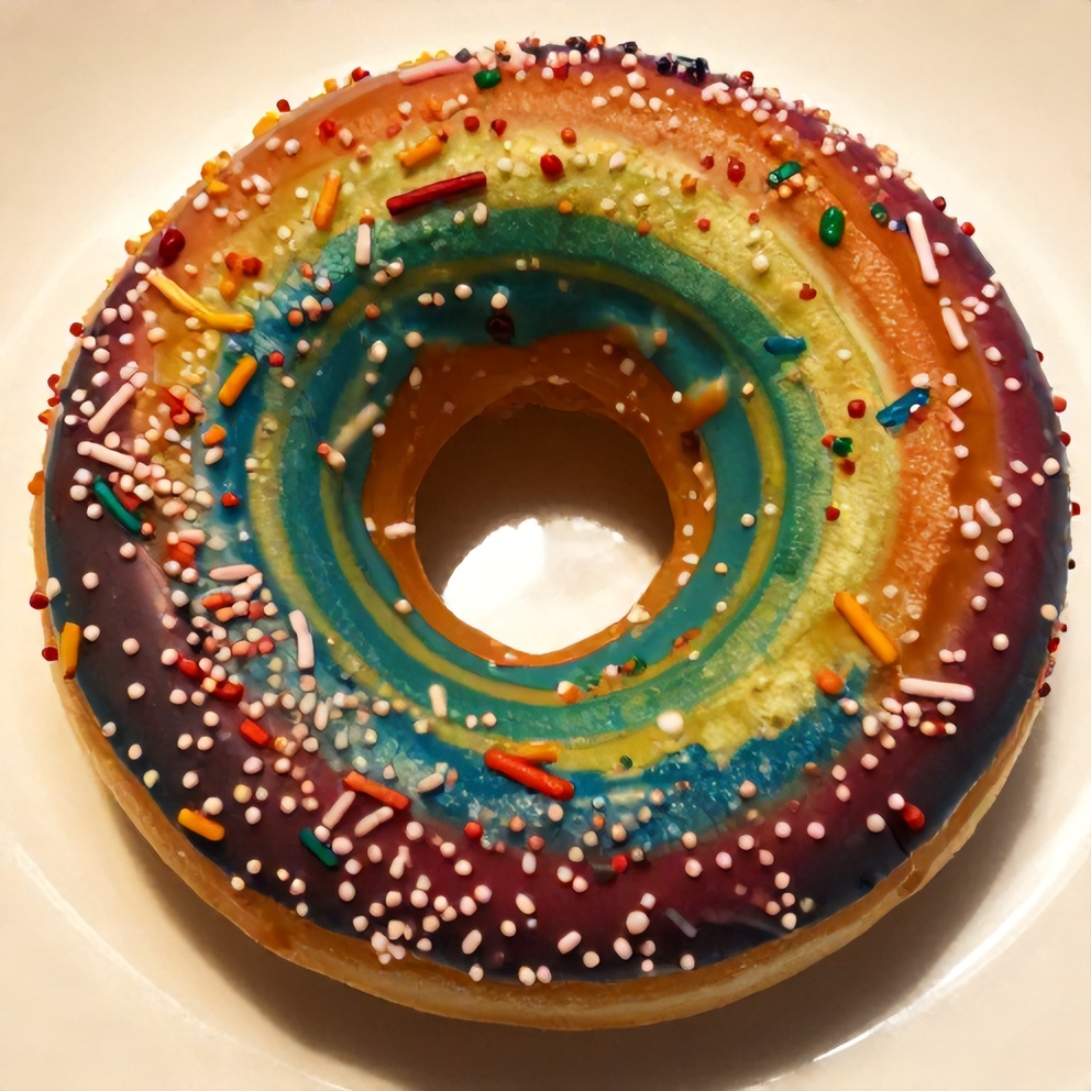 Plated rainbow donut with sprinkles on a white plate