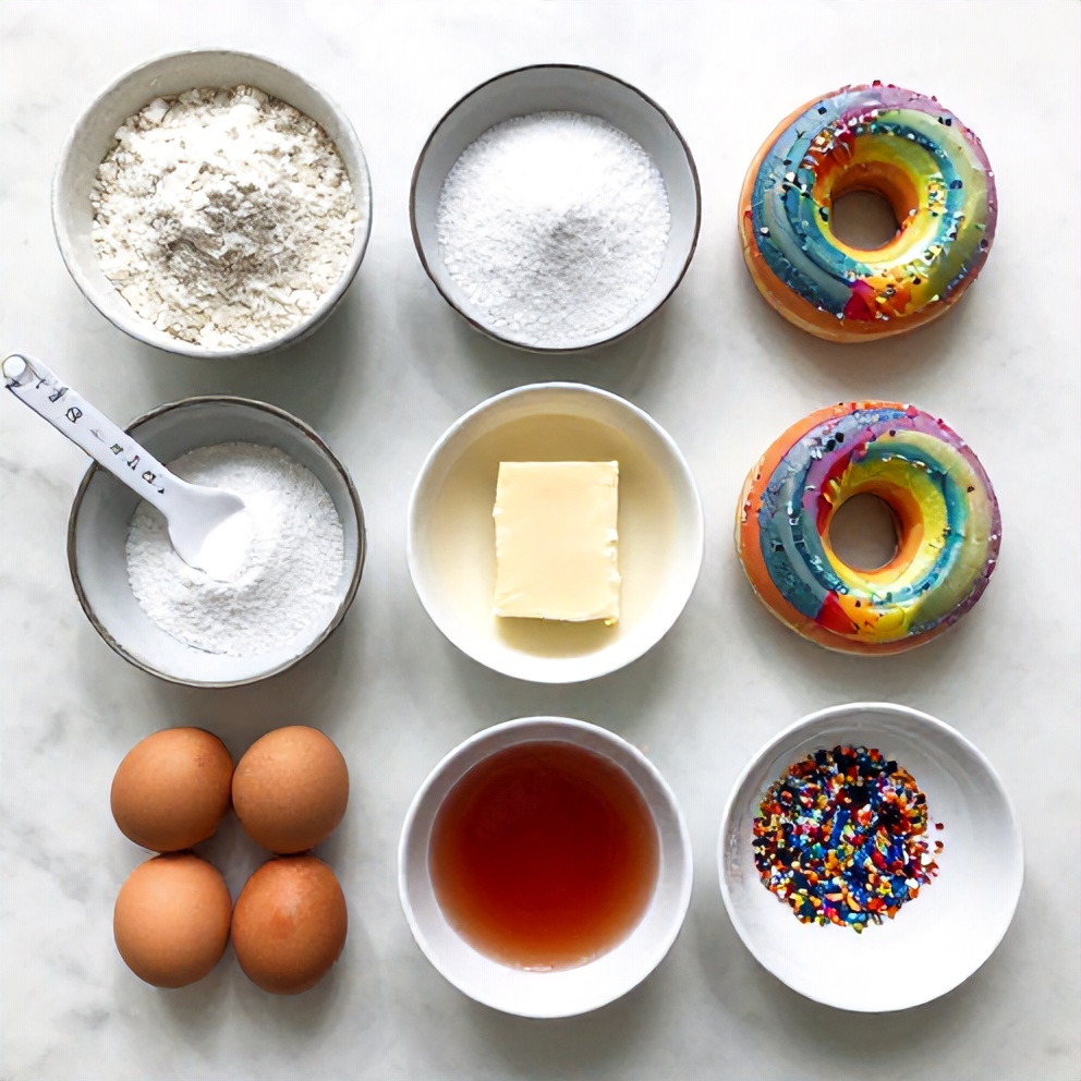 Raw ingredients for rainbow donuts on a marble surface
