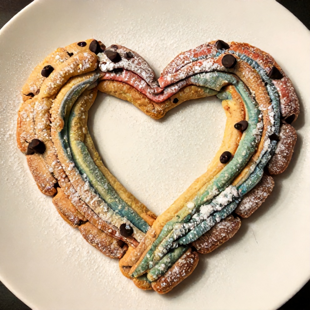 Plated rainbow heart cookies with a sprinkle of powdered sugar