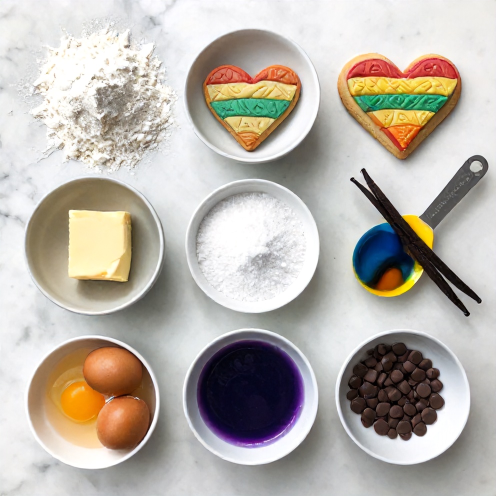 Raw ingredients for rainbow heart cookies on a white marble surface