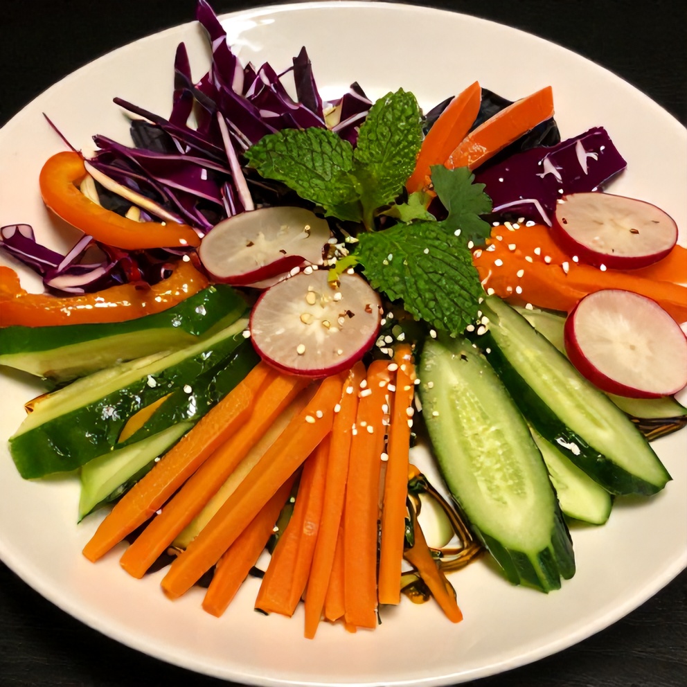 Plated rainbow salad with Chinese dressing