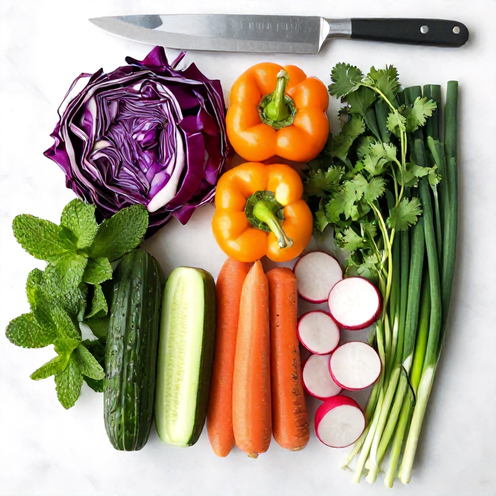 Raw ingredients for rainbow salad with Chinese dressing