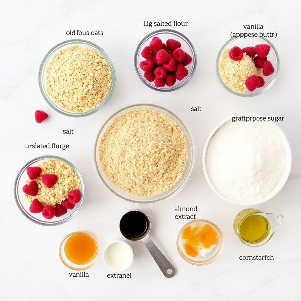 Raw ingredients for Raspberry Oatmeal Crumble Bars on a white marble surface