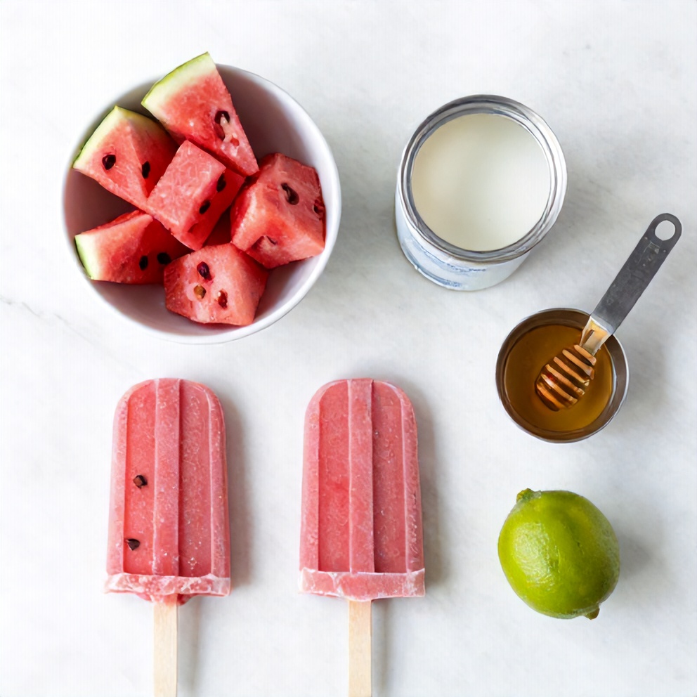 Ingredients for Watermelon Coconut Popsicles on a marble surface