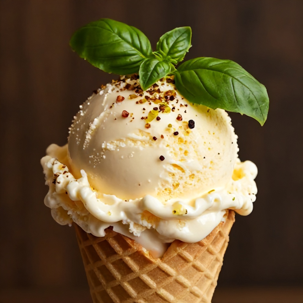 Scoop of Roasted Strawberry Lime Basil Ice Cream served in a cone with a sprinkle of fresh basil