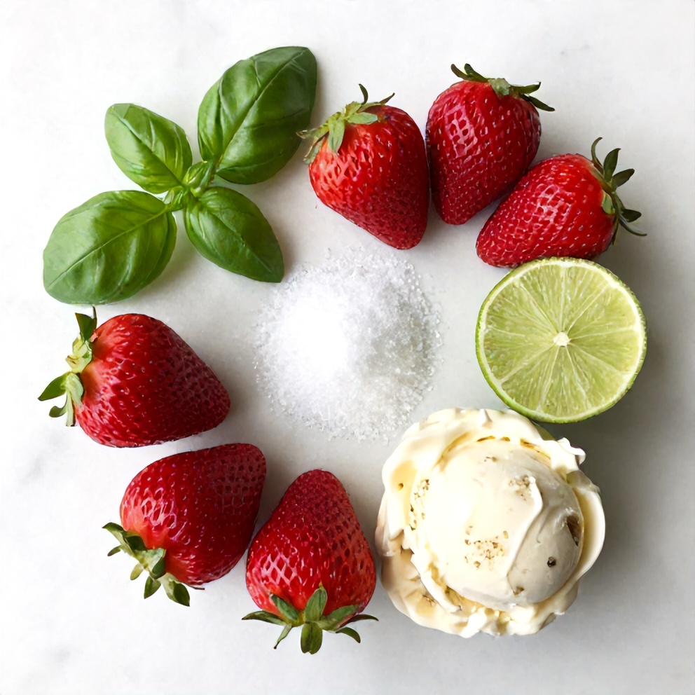 Overhead shot of strawberries, basil leaves, lime, sugar, and heavy cream for Roasted Strawberry Lime Basil Ice Cream