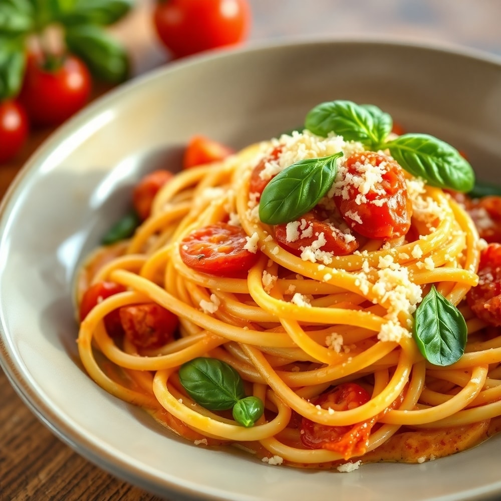 Plated Roasted Tomato and Garlic Ricotta Pasta