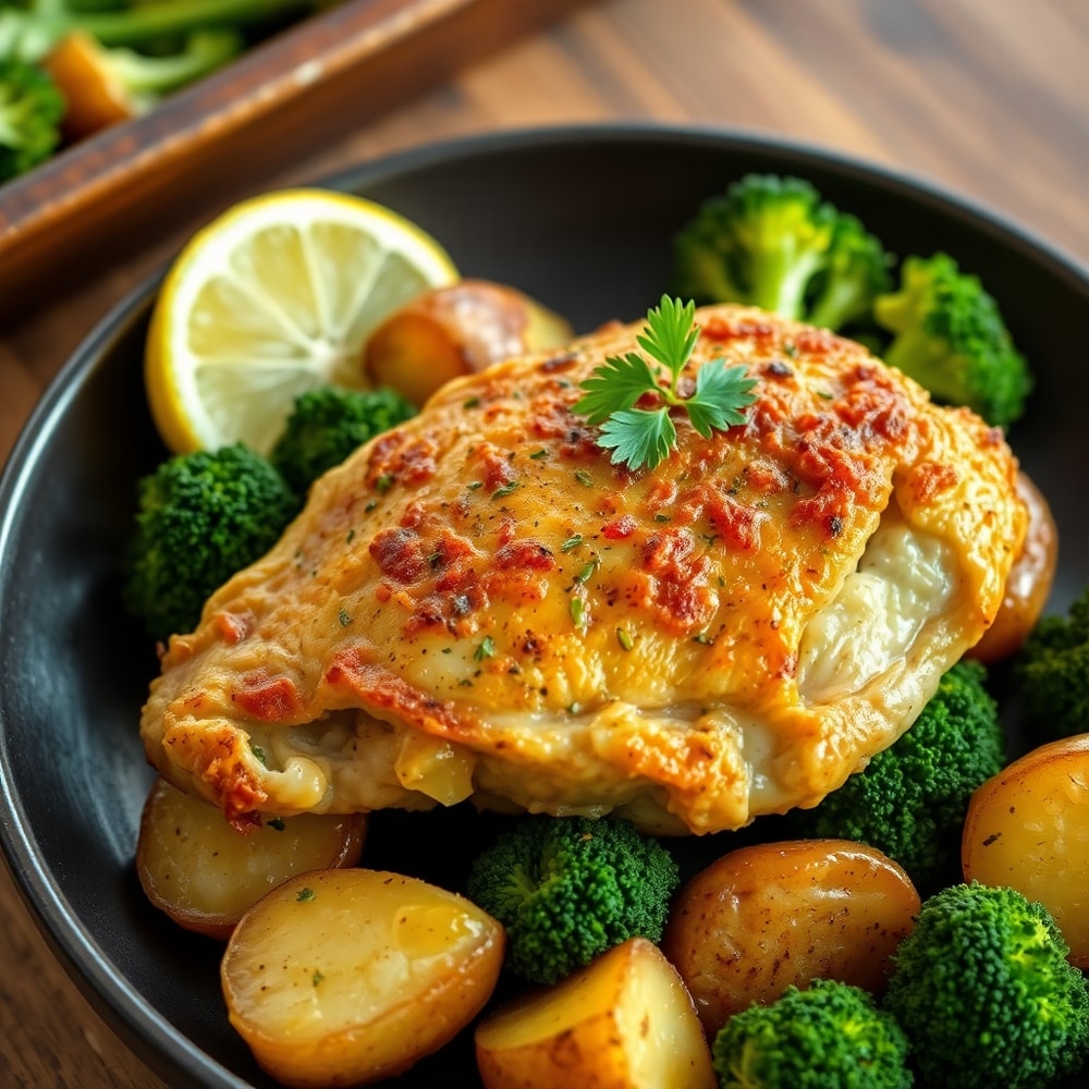 Plated Lemon Herb Chicken and Vegetables Sheet Pan Dinner