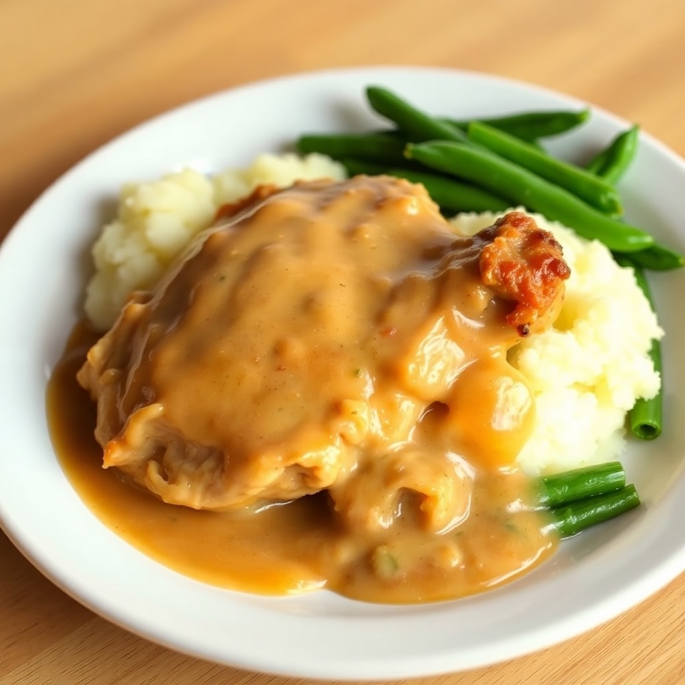 Plated Slow Cooker Chicken and Gravy with mashed potatoes and green beans