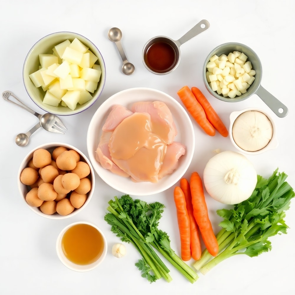 Raw ingredients for Slow Cooker Chicken and Gravy including chicken, potatoes, carrots, celery, and seasonings