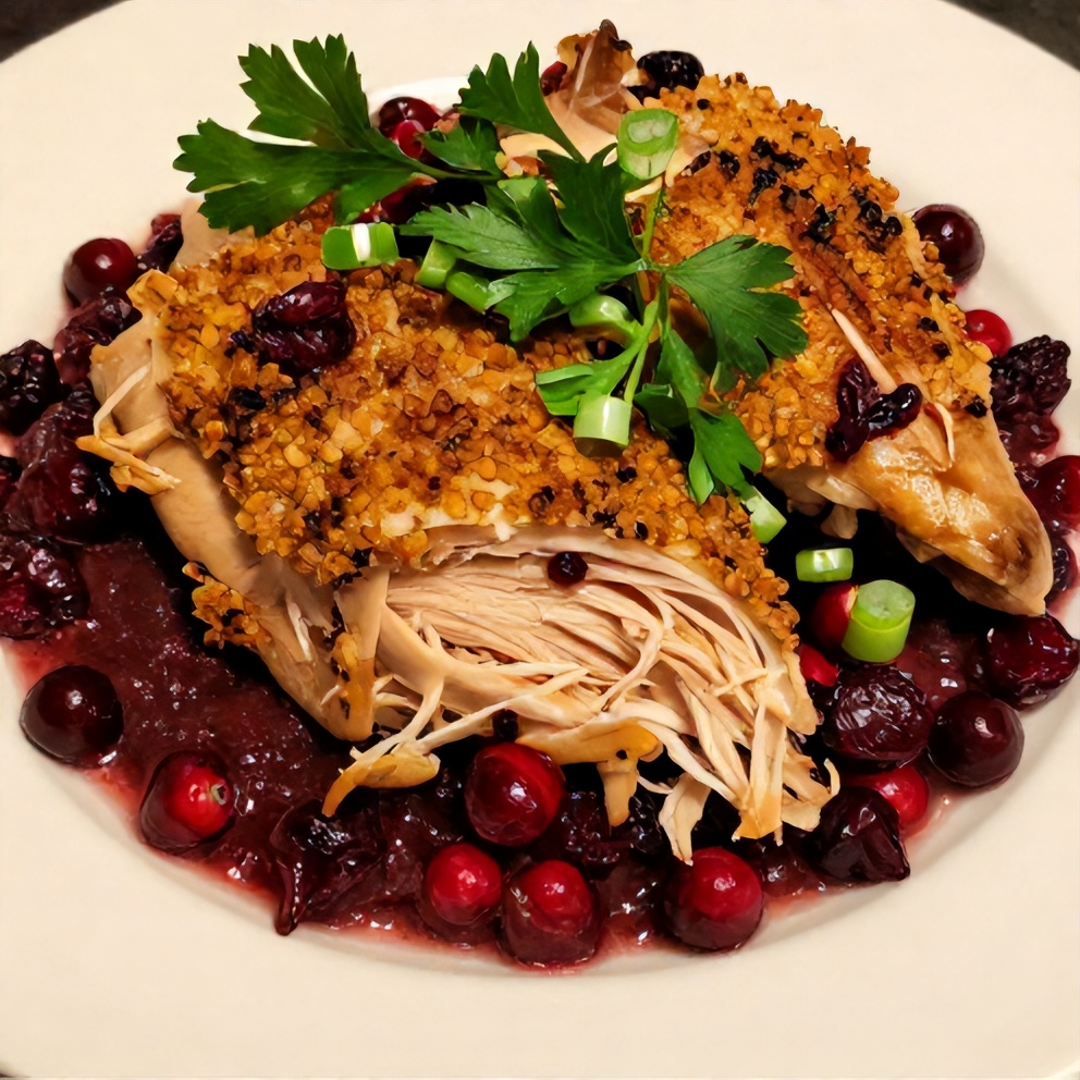 Plated serving of slow cooker cranberry chicken with crispy skin and fresh herbs