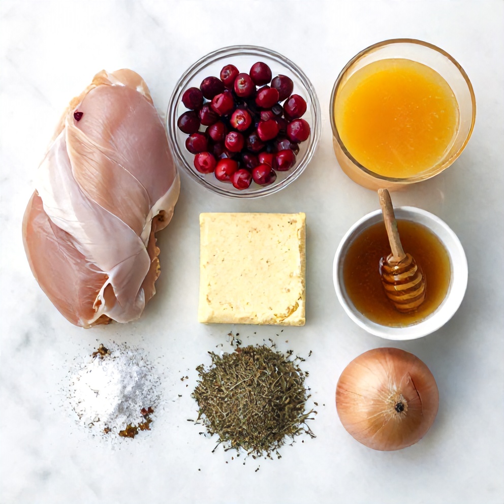 Raw ingredients for slow cooker cranberry chicken including chicken breasts, fresh cranberries, and seasonings
