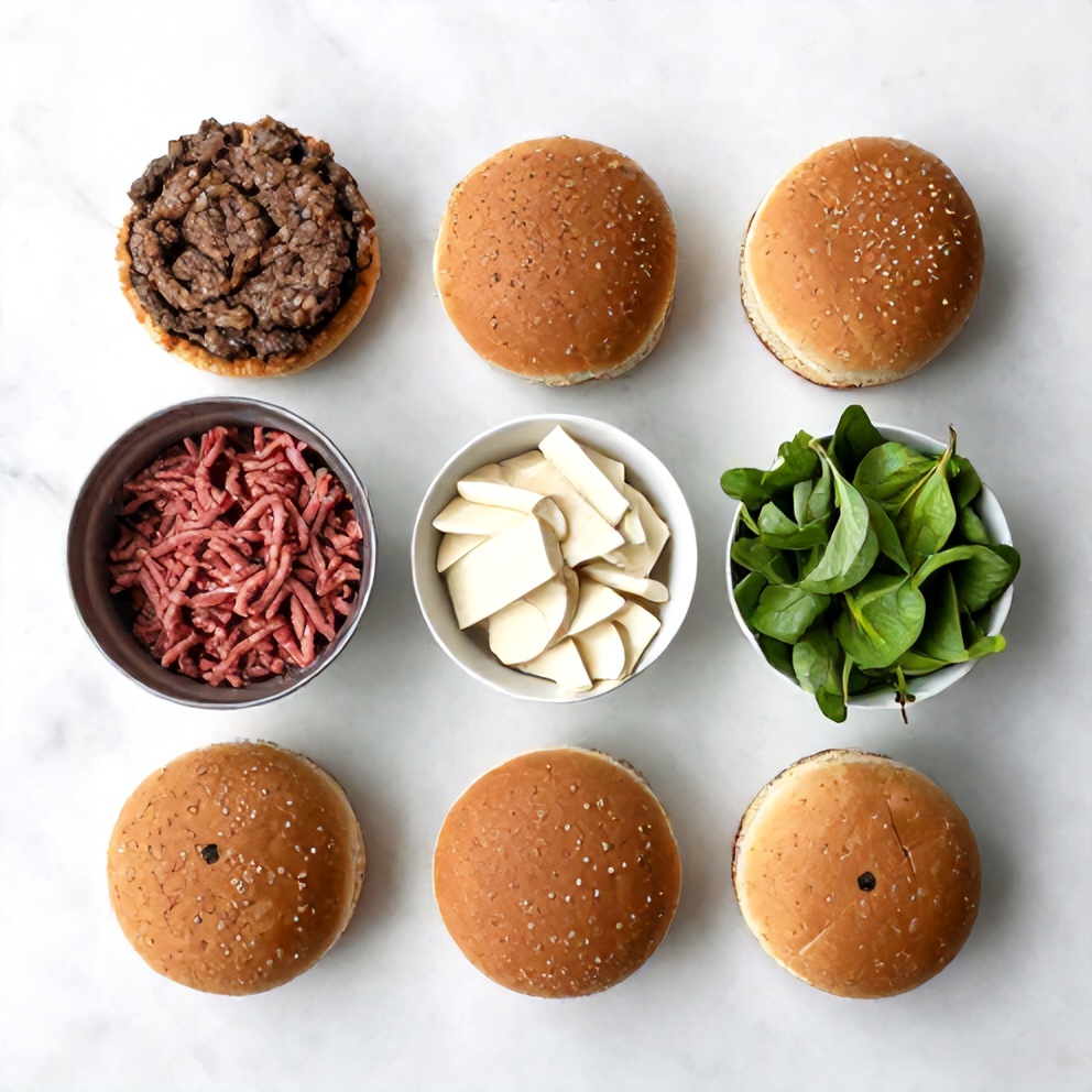 Raw ingredients for Smash Burger Bowl including ground beef, buns, and fresh toppings