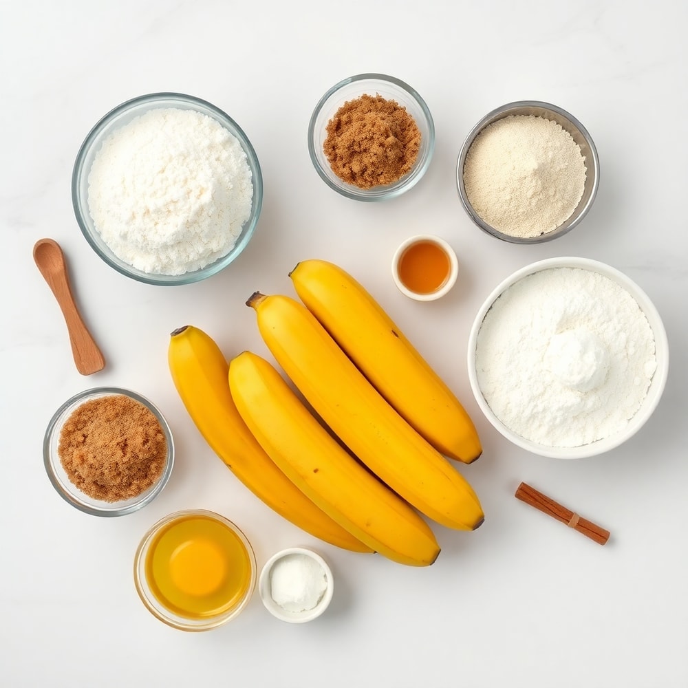 Raw ingredients for Soft and Fluffy Banana Bread Cookies on a white marble surface