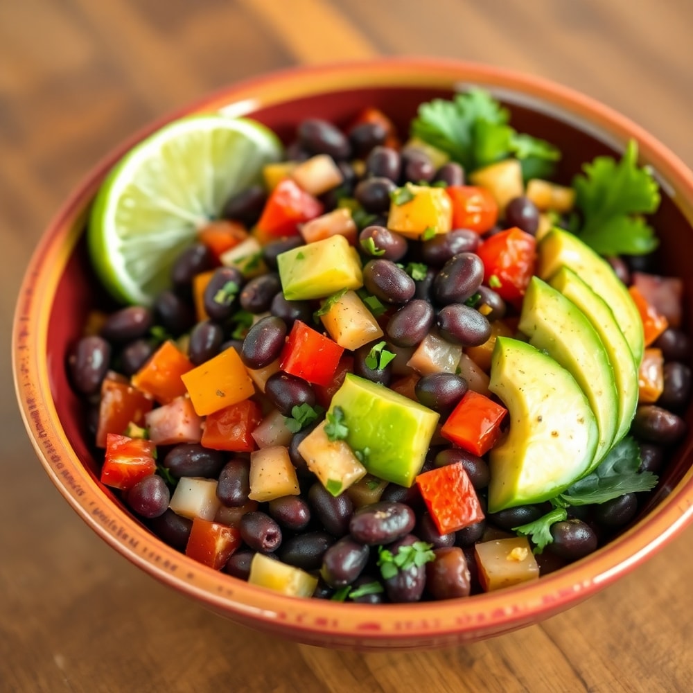 Plated Southwestern Black Bean Salad with lime dressing