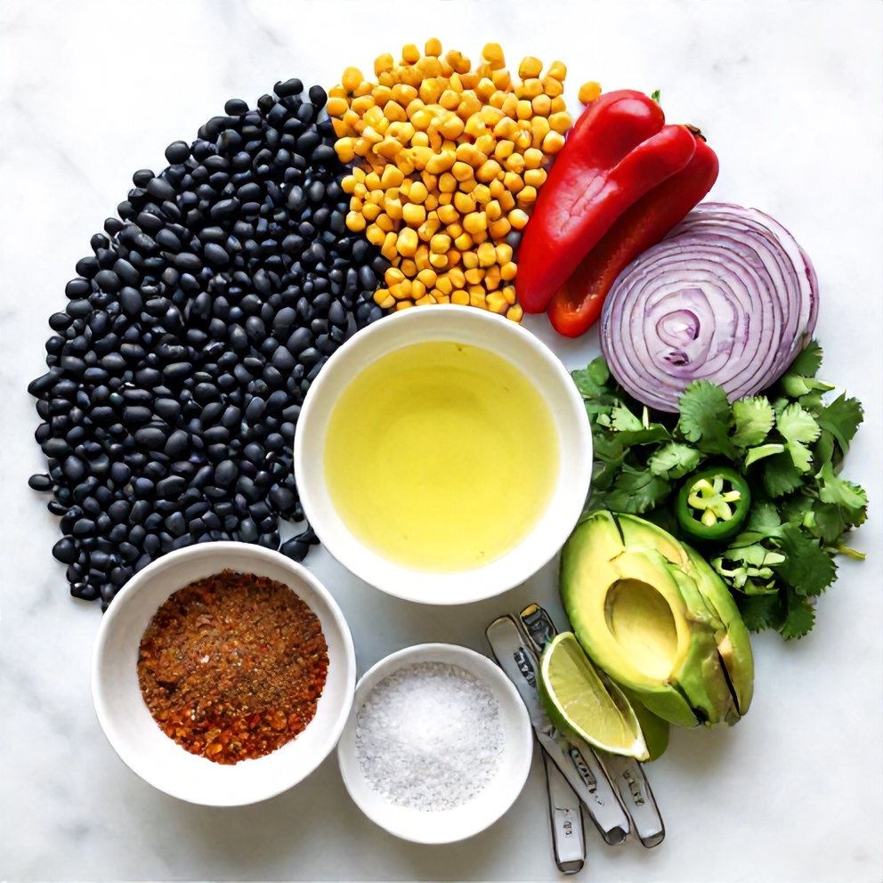 Raw ingredients for Southwestern Black Bean Salad laid out