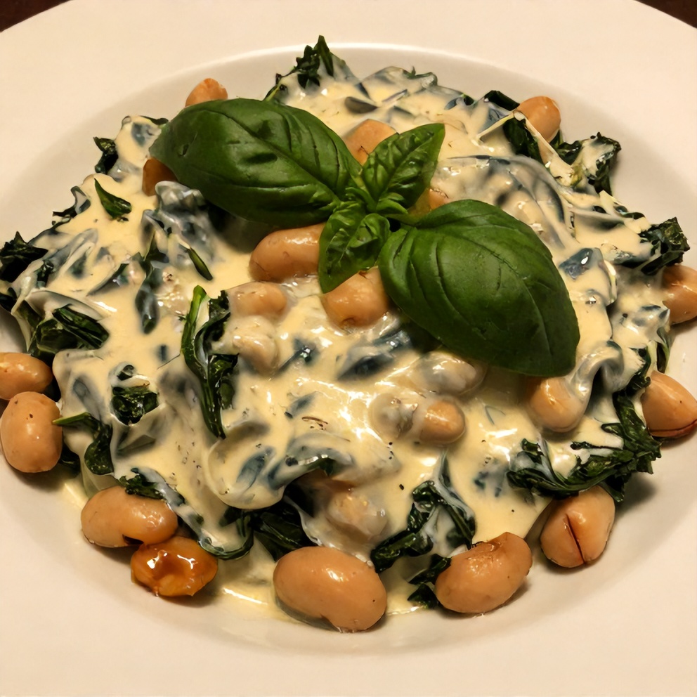 Plated serving of creamy Spinach Artichoke White Bean Skillet