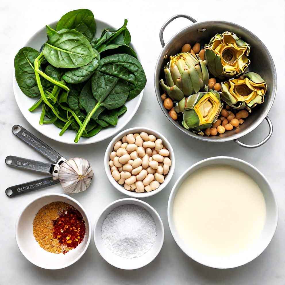 Raw ingredients for Spinach Artichoke White Bean Skillet arranged in a flat lay