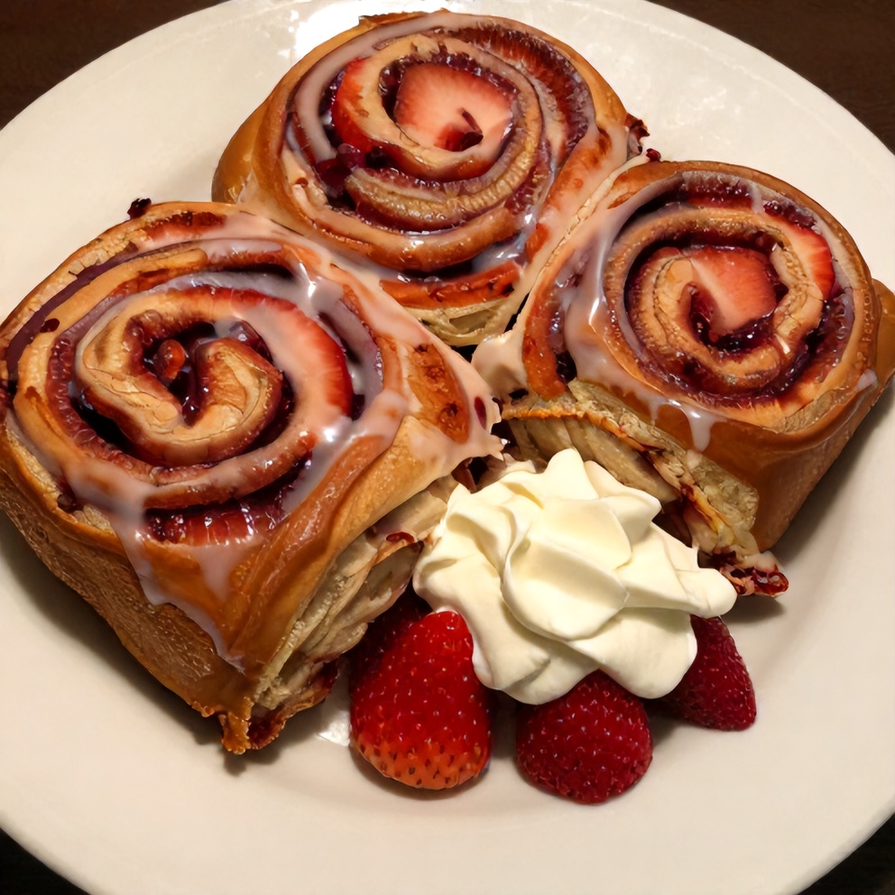 Strawberry Cinnamon Rolls plated with a side of fresh strawberries