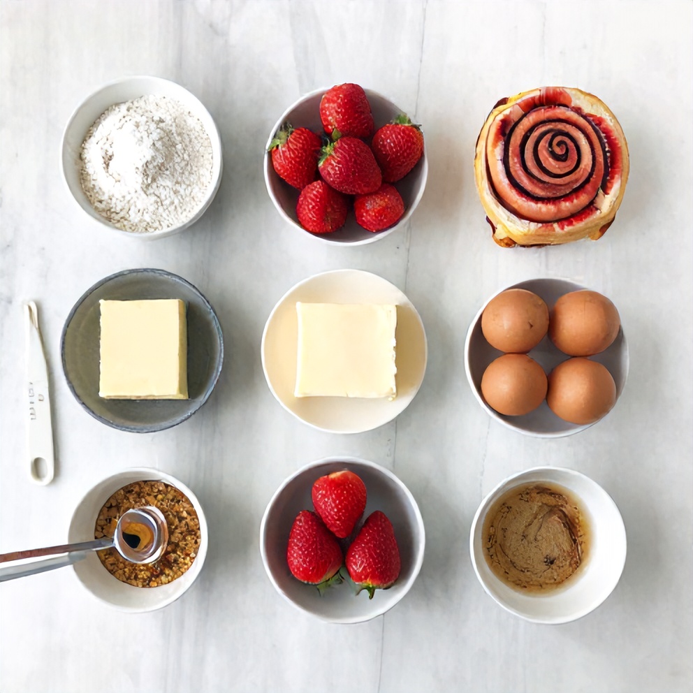 Raw ingredients for Strawberry Cinnamon Rolls arranged on a marble surface