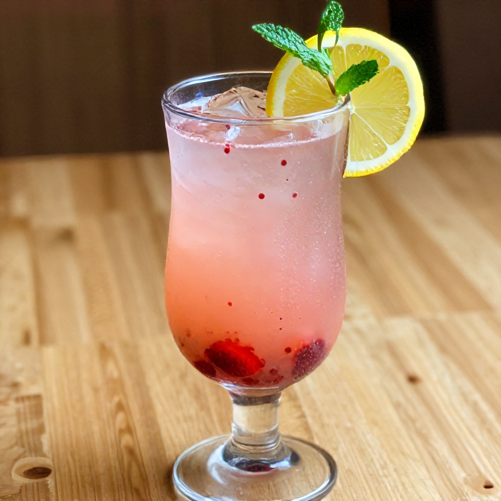 Pint glass filled with strawberry mint lemonade and garnished with a lemon slice and mint sprig