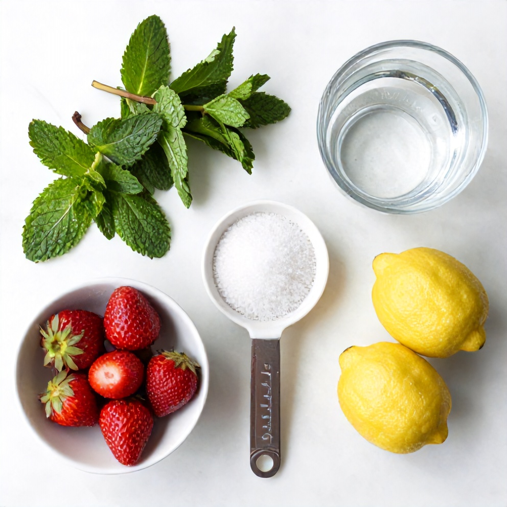 Fresh strawberries, mint leaves, lemons, sugar, and water on a white marble surface