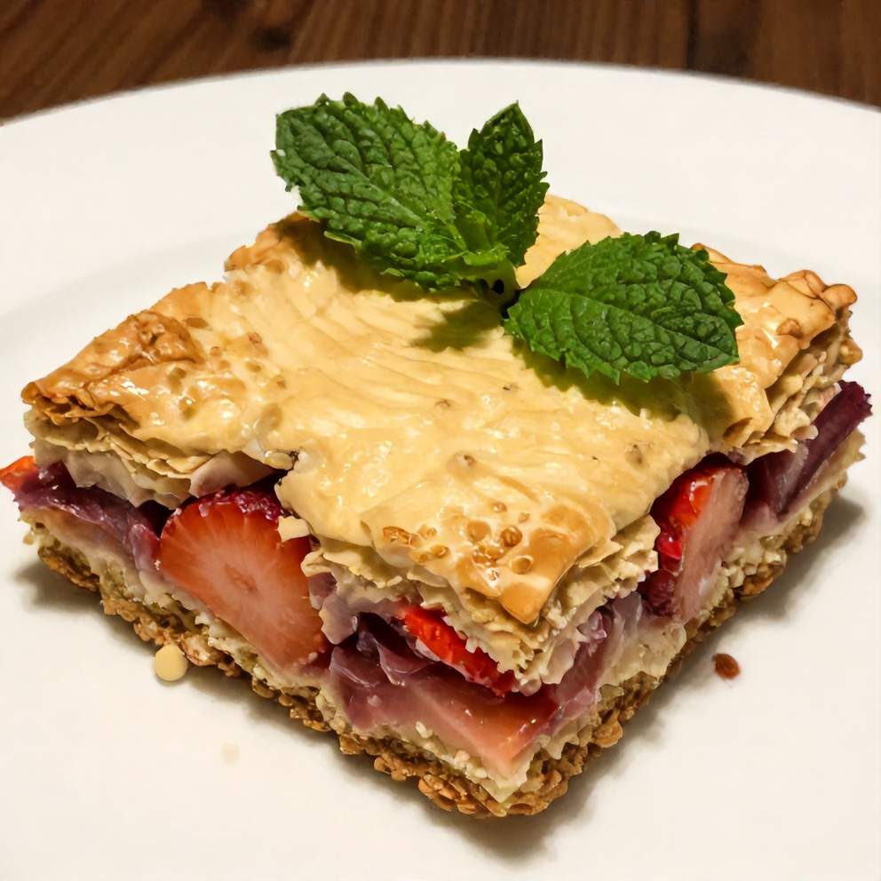 One perfect serving of Strawberry Rhubarb Bars on a white plate, garnished with fresh mint