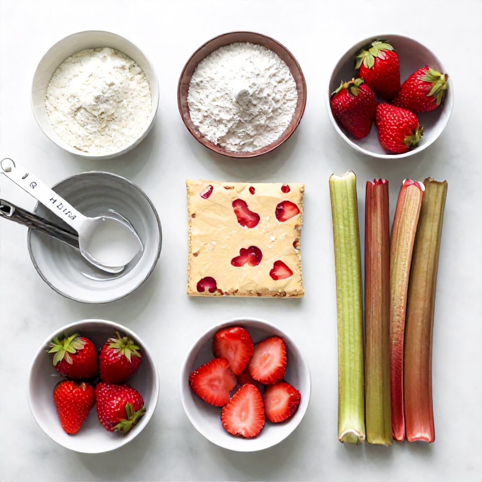 Raw ingredients for Strawberry Rhubarb Bars arranged in an overhead flat lay, including almond flour, fresh strawberries, and rhubarb