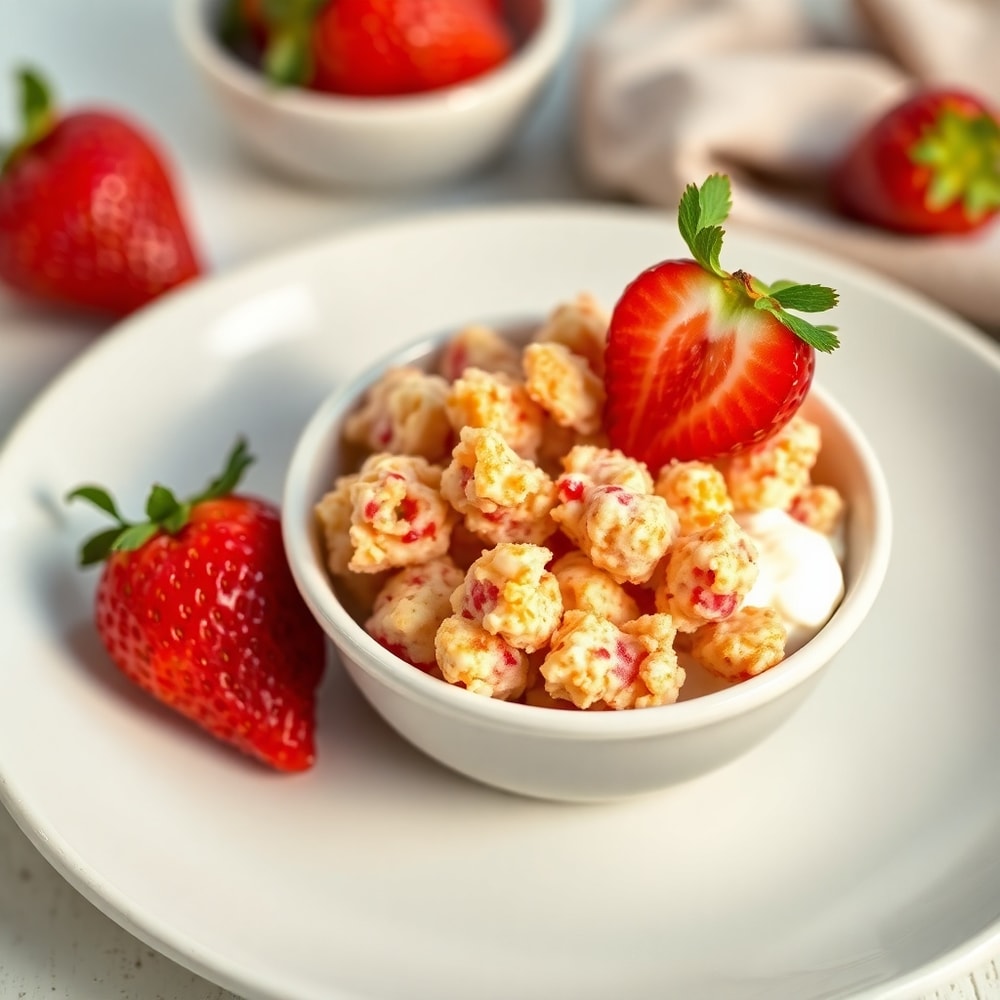 Strawberry Yogurt Clusters served in a bowl with yogurt and fresh strawberries