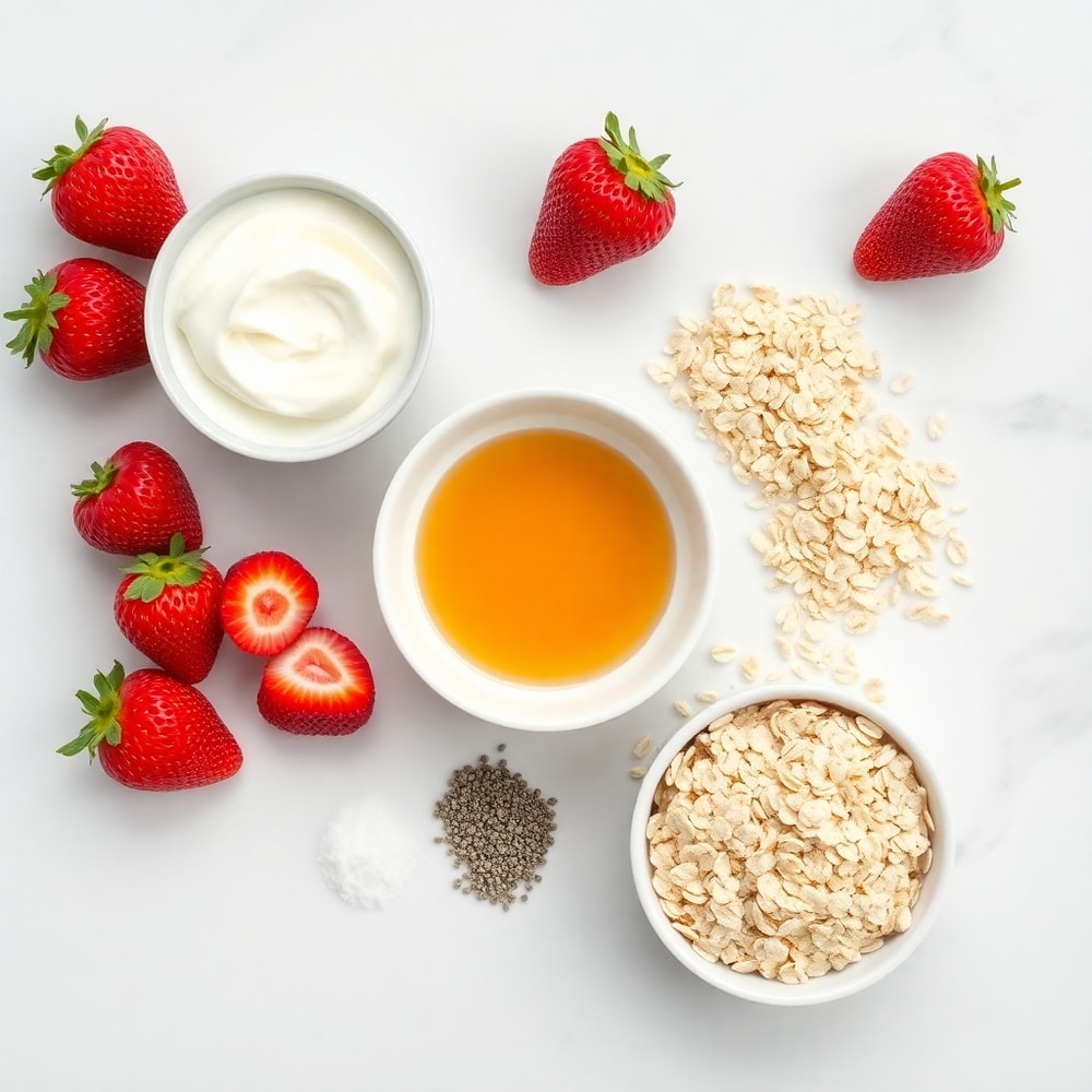 Strawberries, yogurt, honey, and oats on a wooden surface