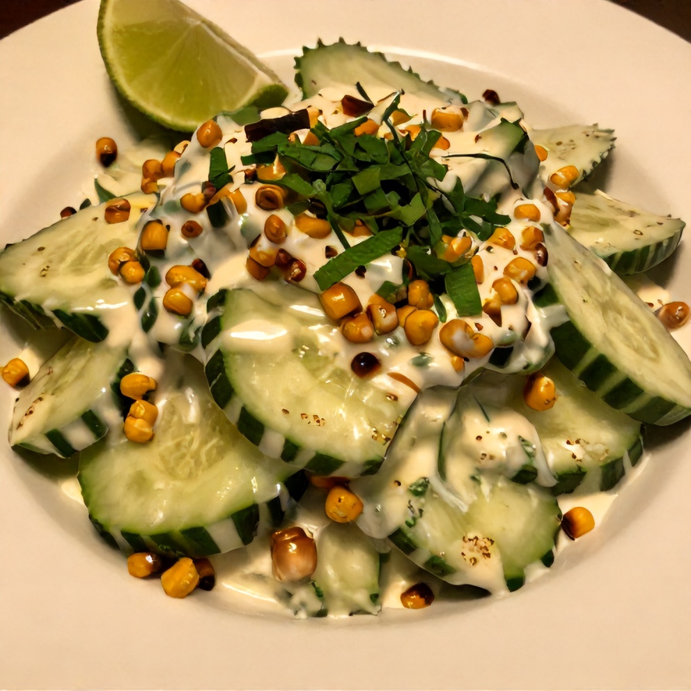 Plated creamy cucumber salad with street corn flavor