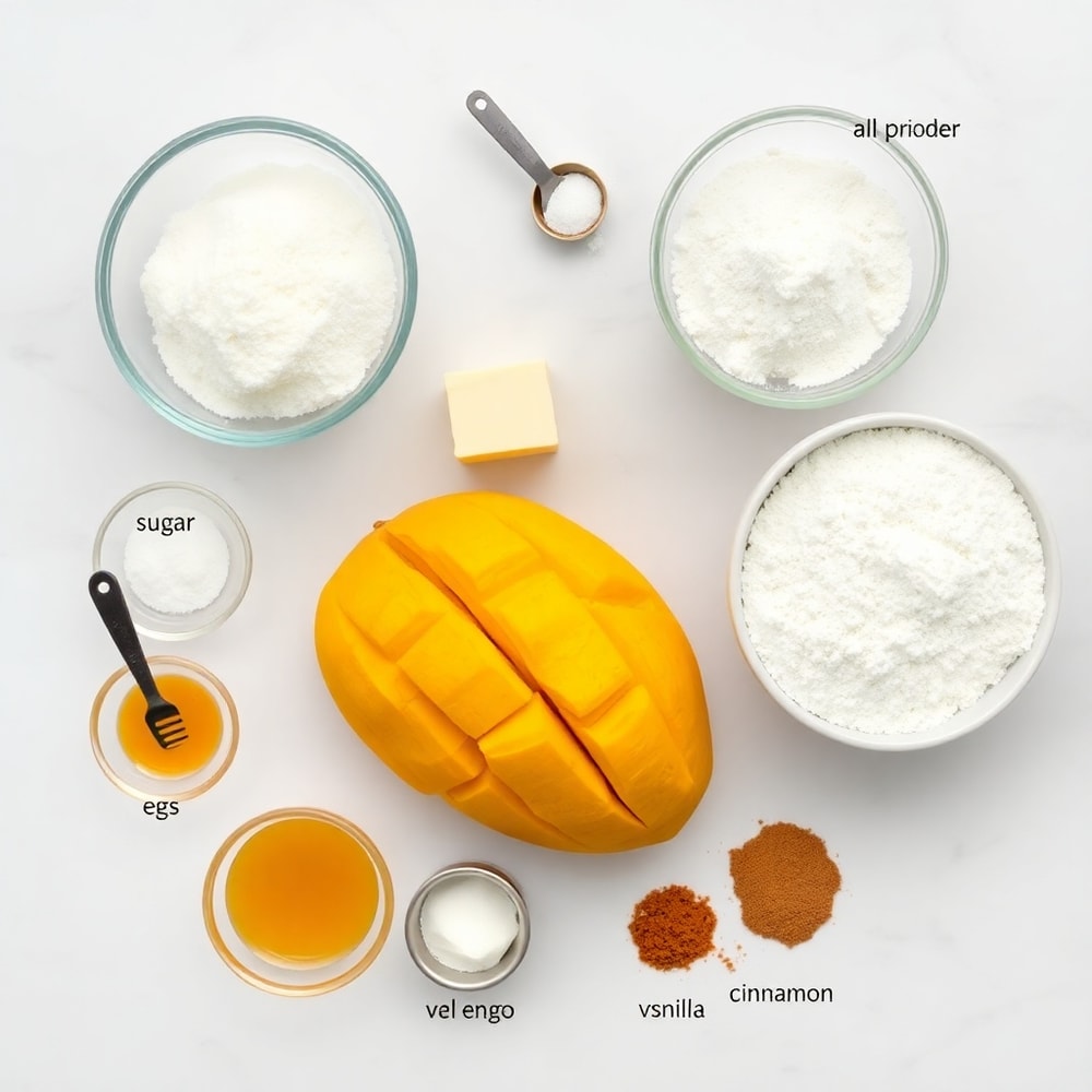 Raw ingredients for Tropical Mango Cookies on a white marble surface
