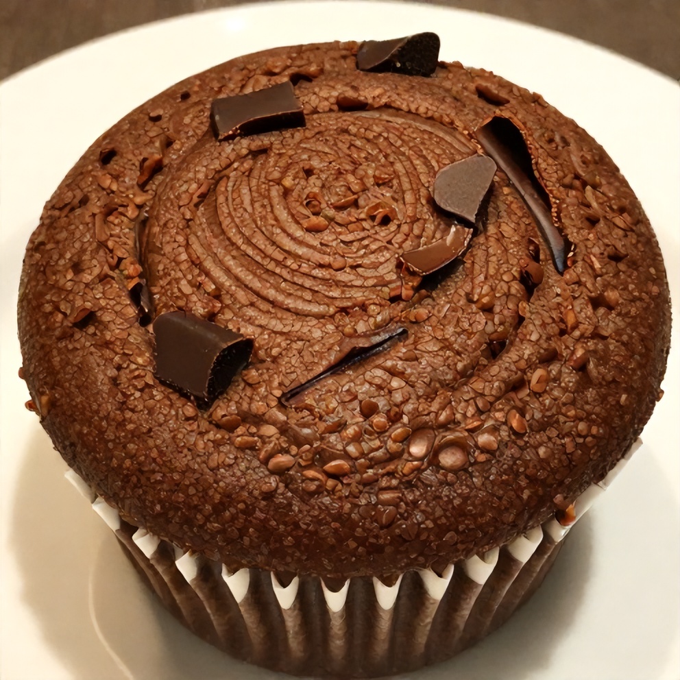 One perfect plated Snickers Cupcake on a white plate, warm side lighting